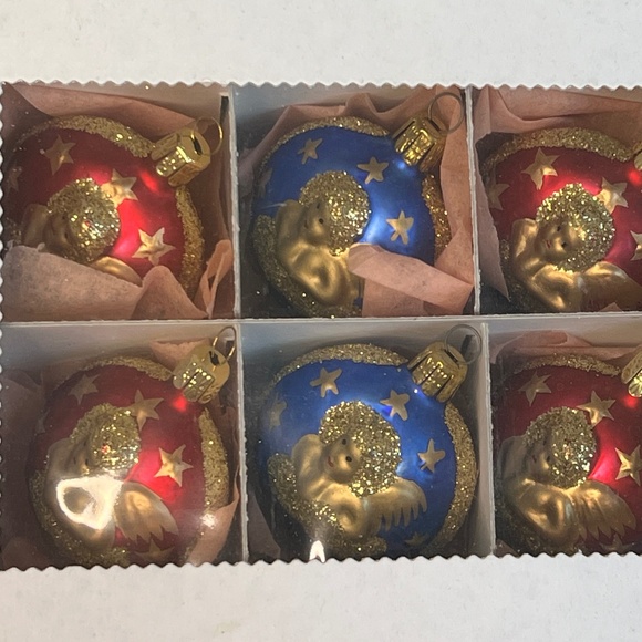 Vintage Cherub Glass Christmas Ornaments Set of 6 Blue And Red 2” - Picture 14 of 14